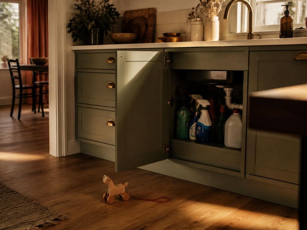 A warm sage-green kitchen with an open under-sink cabinet exposing cleaning products, and a small wooden pull-toy horse on the floor